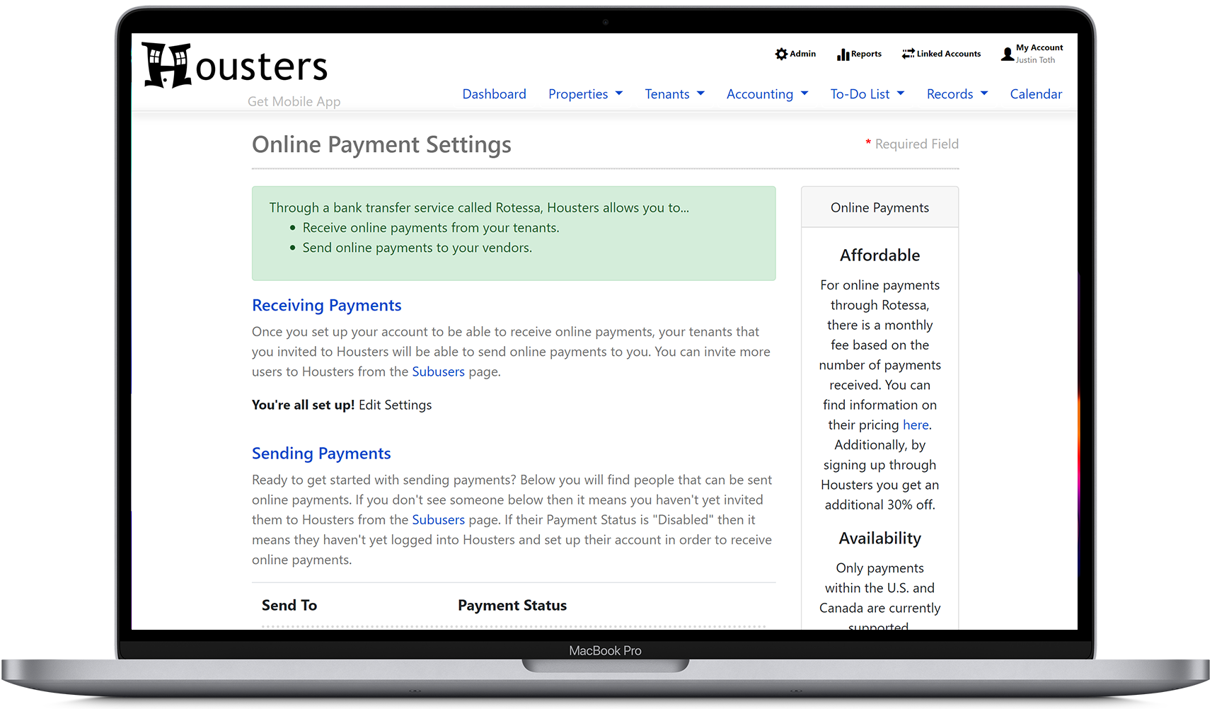 Add a bank account where online payments will be sent to, from our property manager software