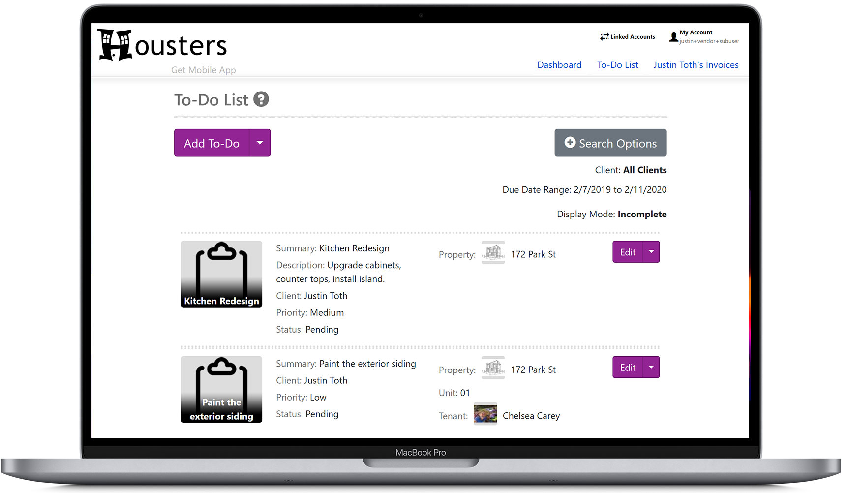 Contractors can view to-do list tasks shared with them by their landlord and property manager clients