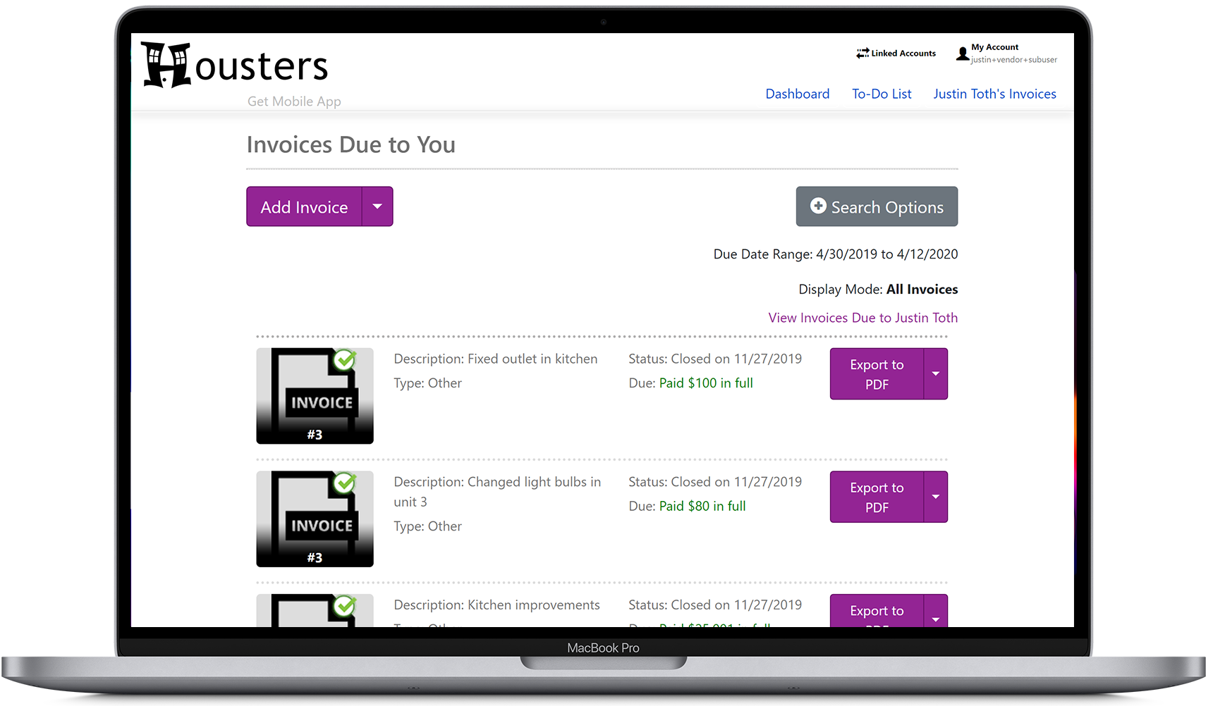 View invoices due to you for work performed for client landlords and property managers on the contractor portal