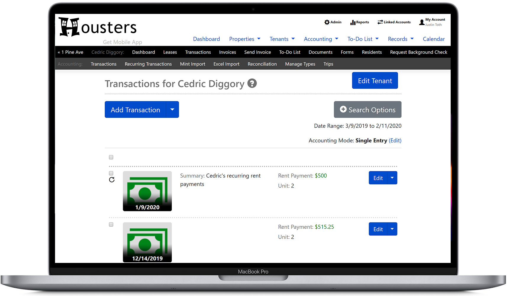 View rental transactions from our landlord software