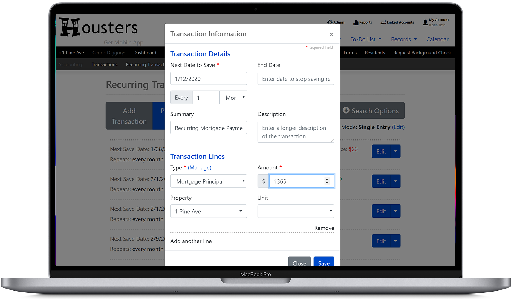 Add a recurring property mortgage transaction