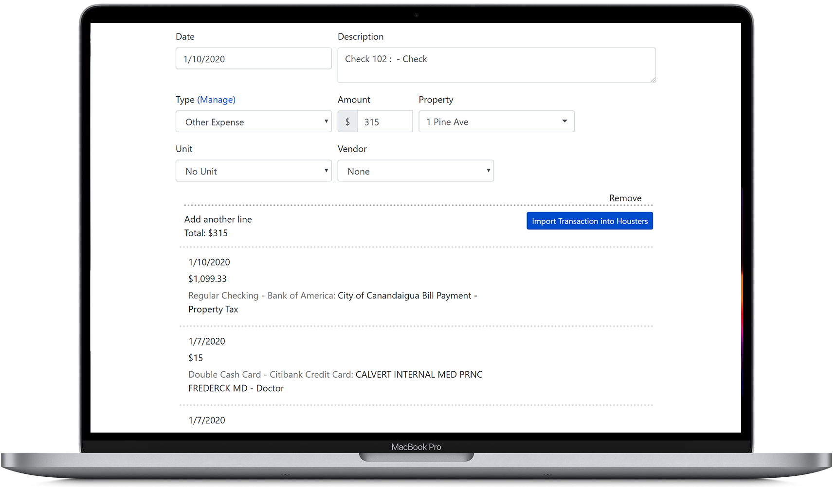 Import rental transactions from bank and credit card accounts