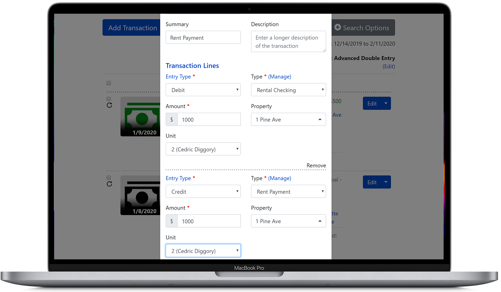 Add a rental transaction in double entry accounting mode