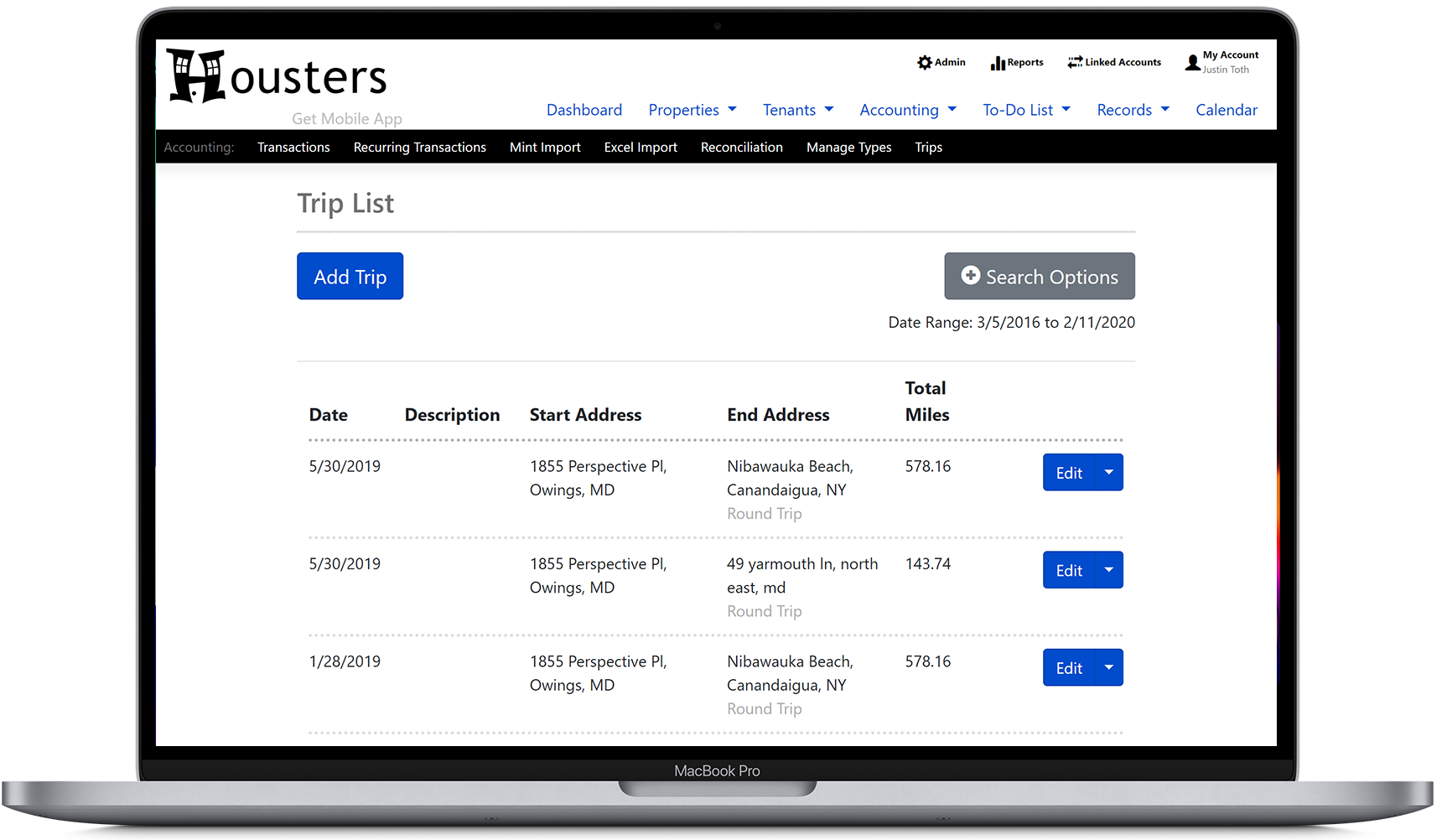 View a list of rental trips on our property manager software