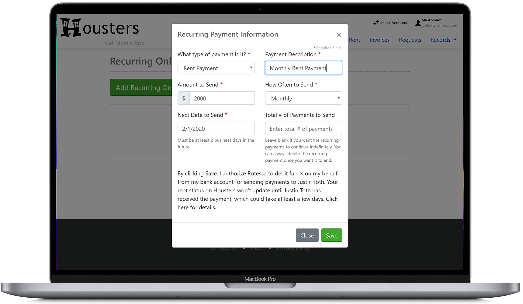 Set up recurring online rent payments from a tenant to their landlord or property manager