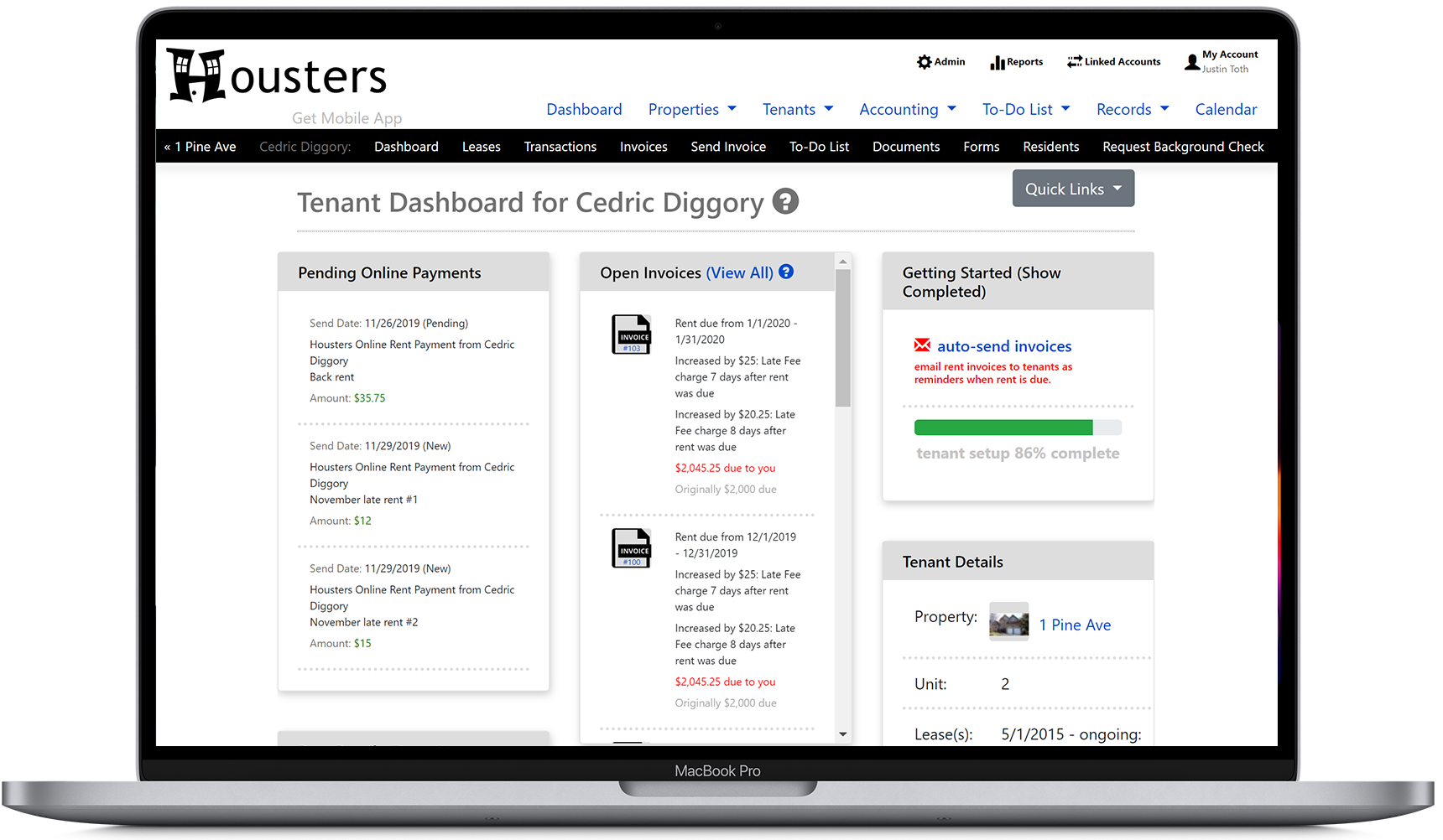 View the tenant dashboard, showing pending online payments, open invoices, and tenant details