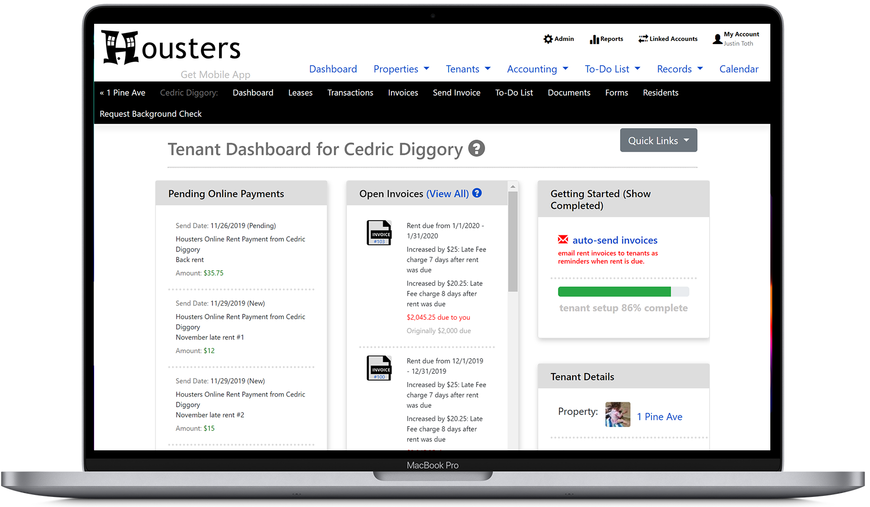 View the tenant dashboard, showing pending online payments, open invoices, and tenant details