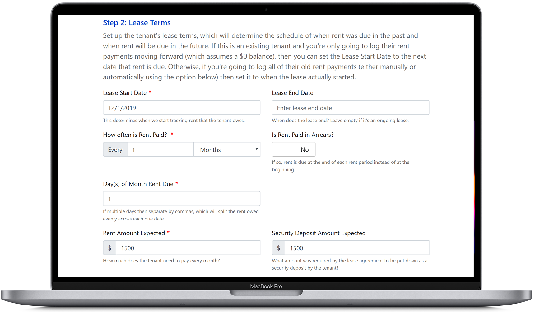 Set up the lease terms for a tenant with our landlord software