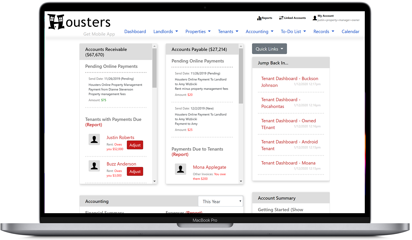 View the main property manager software dashboard, accounts receivable, and accounts payable