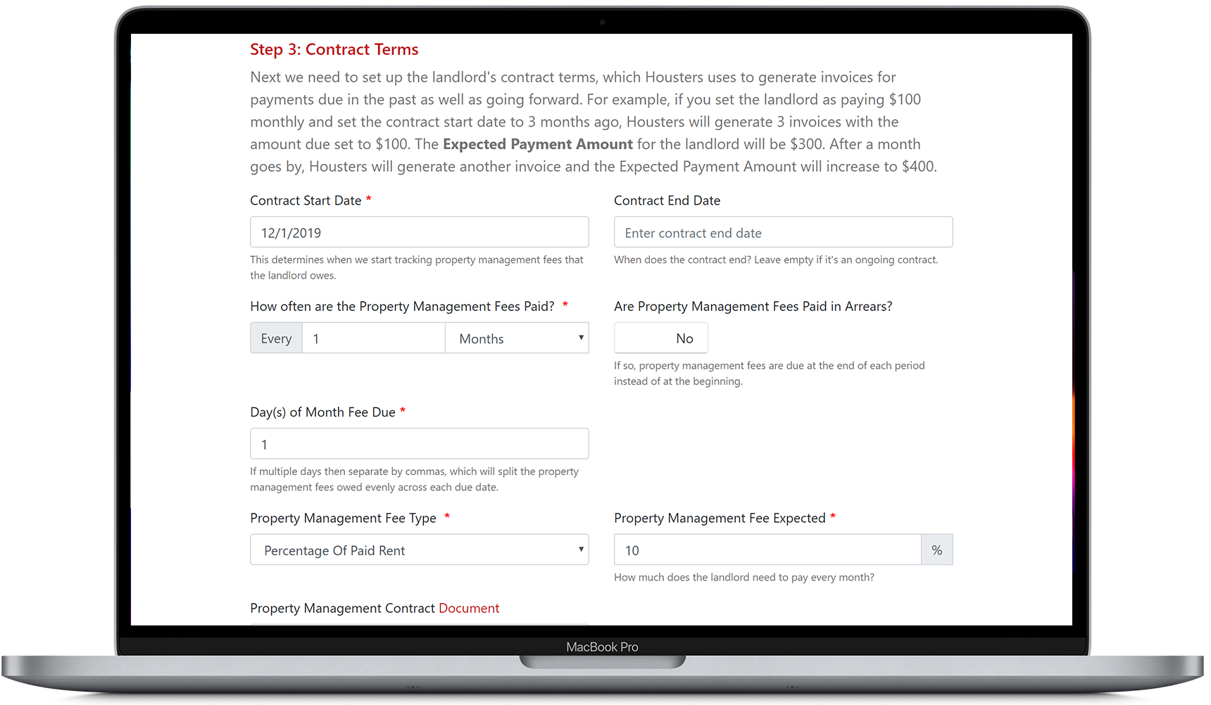 Set up the contract terms for a landlord on our property manager software