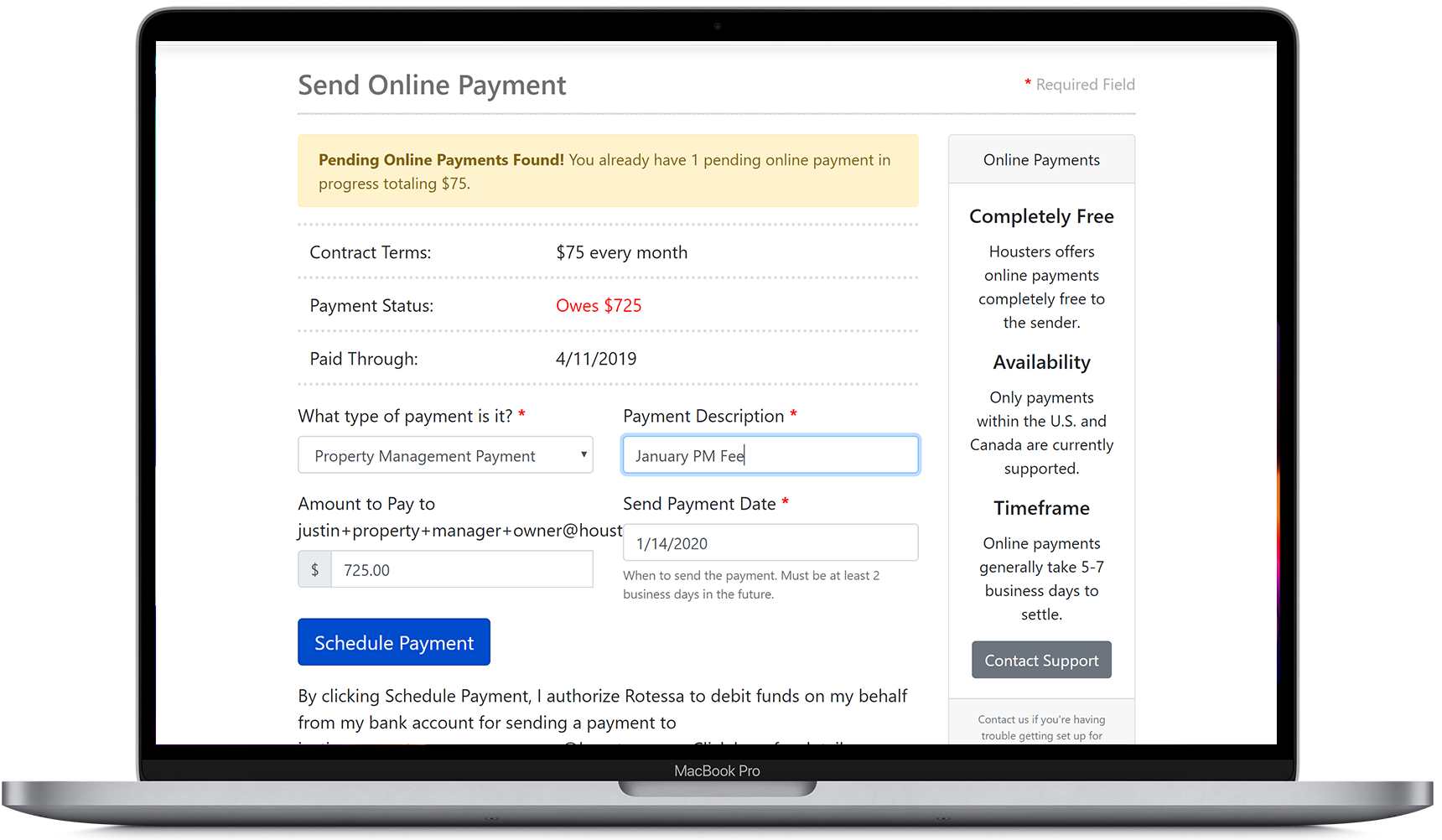Send an online payment from a landlord to a property manager