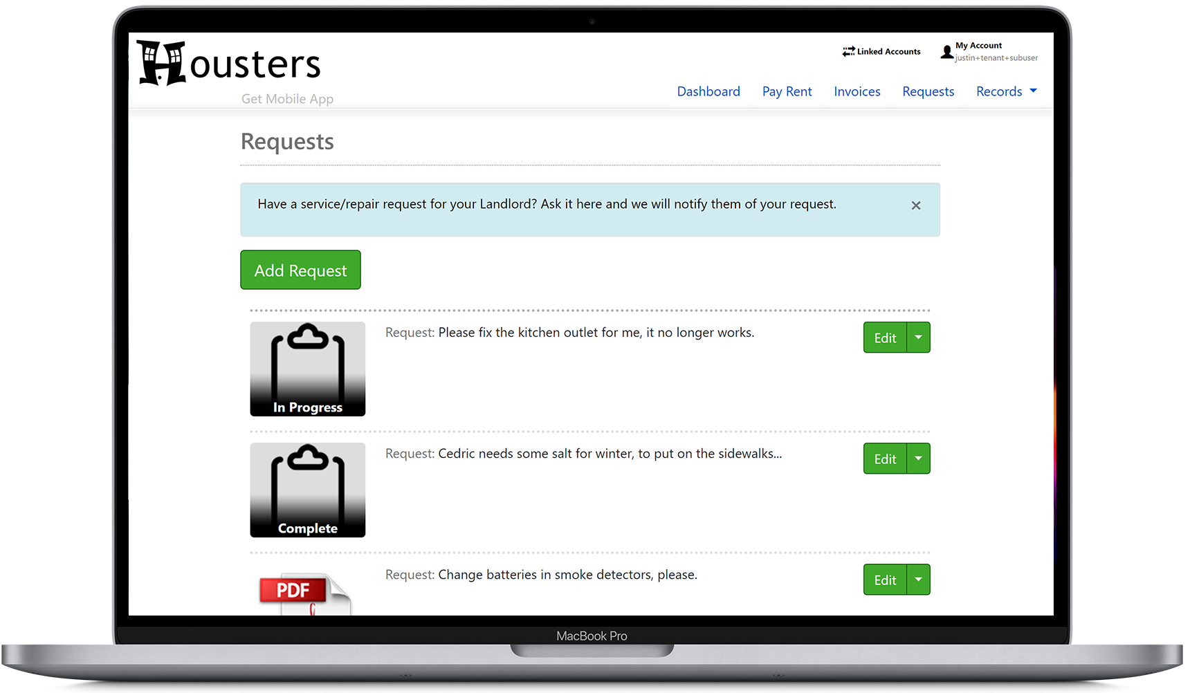 View the tenant portal main dashboard, showing tenant rent details and open rent invoices