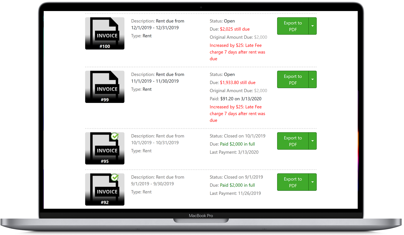 View open rent invoices due from the tenant to the landlord or property manager