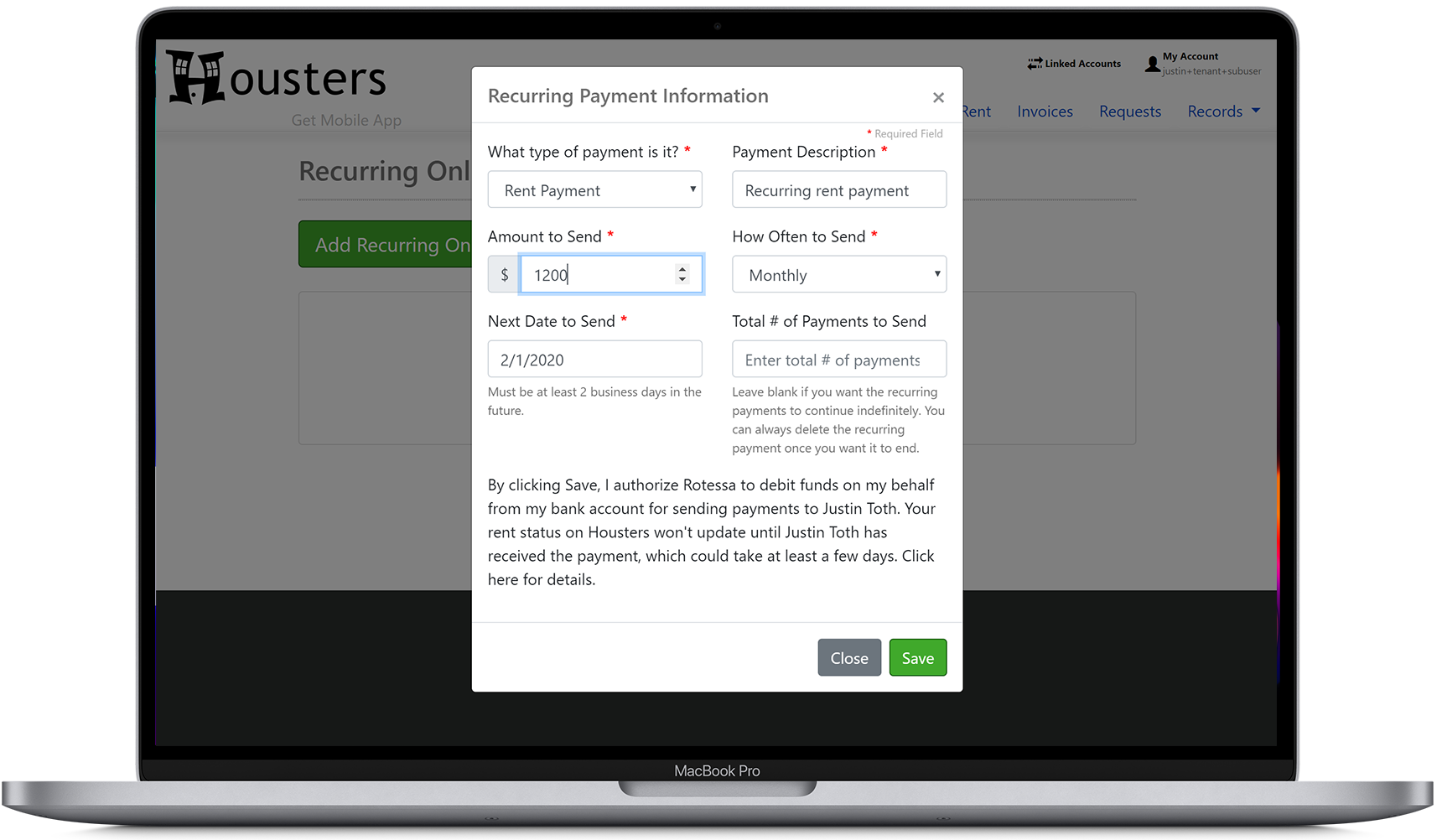 Set up recurring online rent payments in the tenant portal from a tenant to their landlord or property manager