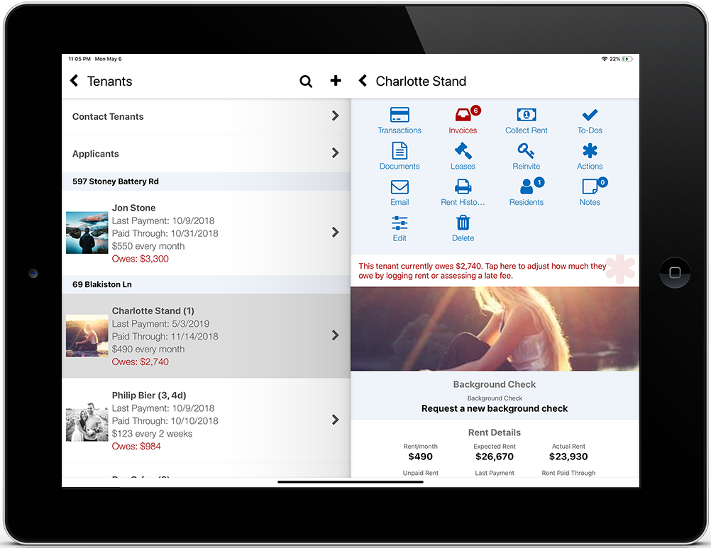 iPad screenshot of the tenant list and tenant details screens