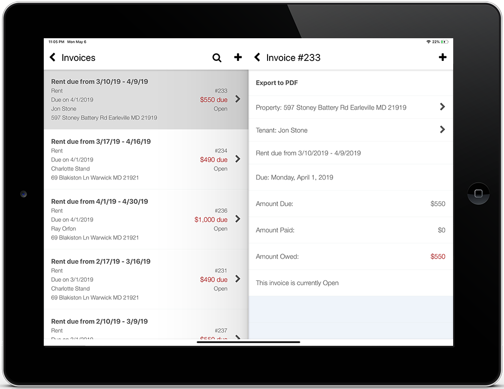 iPad screenshot of a tenant's rent invoice list and invoice details screens