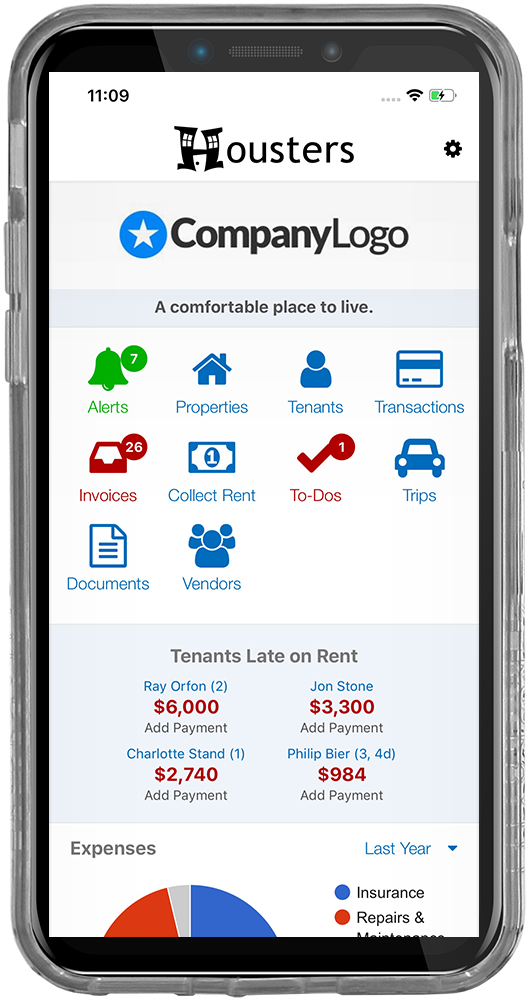 iPhone screenshot of the Housters property management app's main dashboard screen