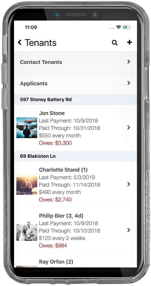 iPhone screenshot of the tenant list screen