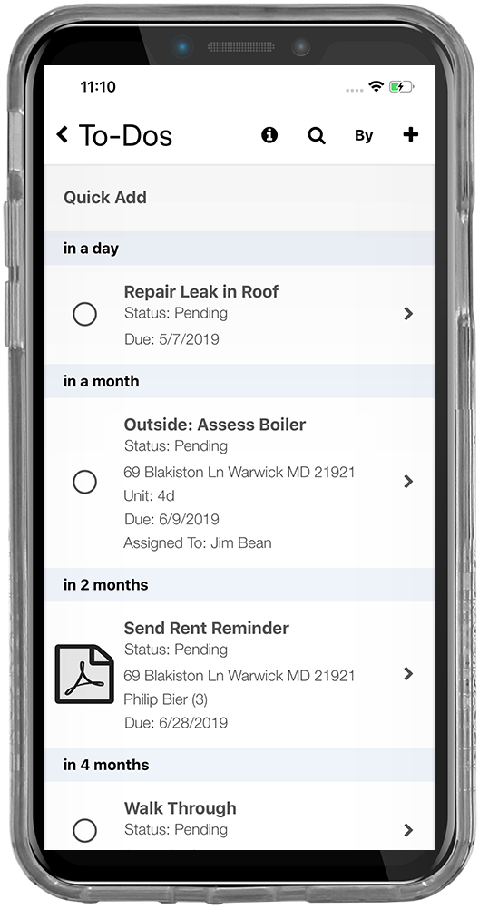 iPhone screenshot of the to-do list screen on Housters' property management app